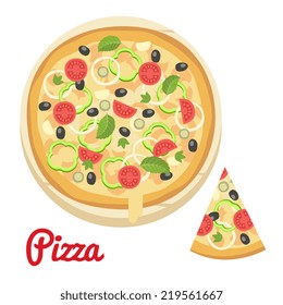 Cartoon flat style. Pizza on a board, vector illustration