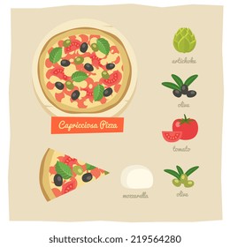 Cartoon flat style. Pizza on a board, isolated vector illustration. Cartoon flat style. Design for stickers, logo, web and mobile app. 
