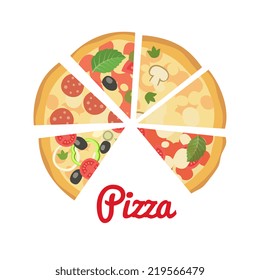 Cartoon flat style. Pizza slice, vector illustration