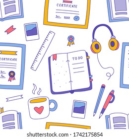 Cartoon flat style seamless pattern vector. Education texture. Color doodle illustration