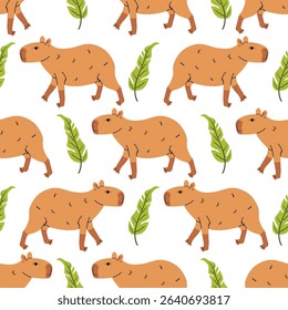 Cartoon flat style seamless pattern with adorable kawaii capybara and exotic leaf in polka dot layout on white background. Fun and playful nature theme perfect for fabric, decor, and kids projects.