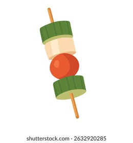 Cartoon flat style skewer with cucumber, tomato and cheese, healthy snack illustration.