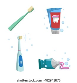 Cartoon flat style tooth care icons set. Tubes with toothpaste and different colors toothbrushes.