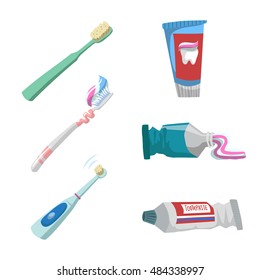 Cartoon flat style tooth care icons set. Tubes with toothpaste and different toothbrushes.Electric ultrasound toothbrush.