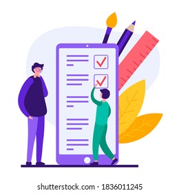 Cartoon flat style vector illustration of modern schoolboy character answering quiz and taking online test with mobile app on smartphone