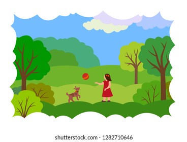 Cartoon flat summer landscape with a girl, a dog and a ball. Vector illustration