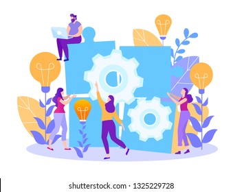 Cartoon Flat Teamwork. Search for Ideas. Small People and Collect Puzzle. Gears are Spinning and Light. Man is Sitting on Top with Laptop. Girl Shows Solution. Approach Solving Complex Problems.