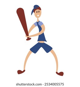 Cartoon flat teenager playing baseball. A teenager with a baseball bat in his hands. Person smiling and worth in poses, character to hit the ball.
