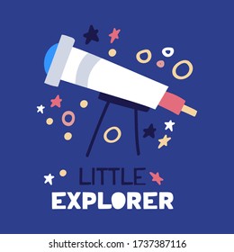 Cartoon flat telescope. Flat vector illustration with text little explorer on blue background.