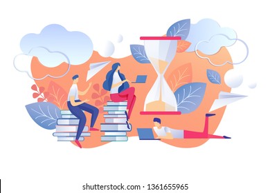 Cartoon Flat Time Management Rule Main Part Day. Men and Women are Sitting Books. People Work Laptops on Background an Hourglass. Coordination Day Plan, Deadlines and Priorities Secretary.