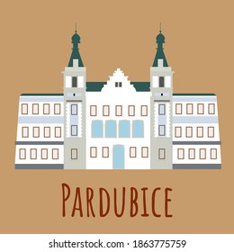 Cartoon flat town hall in Pardubice. Symbol of Czech. Vector flat illustration isolated on white background.