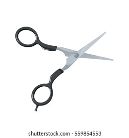 Cartoon flat and trendy style hair metal with black plastic handles scissors. Fashion salon accessory. professional equipment vector illustration.