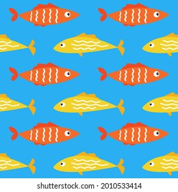 Cartoon flat tropical sea fish seamless pattern background vector texture. Colorful yellow and orange sealife underwater summer mood textile fabric print. Gift wrapping paper.Backdrop. Repeating tile.