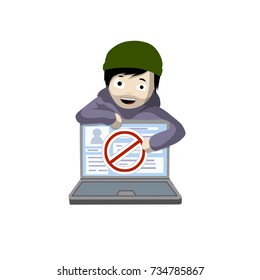 cartoon flat unshaven thief in the cap there is no access to a laptop - computer security