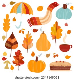 cartoon de vector plano conjunto otoño con pastel y bebida caliente
