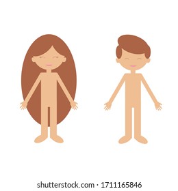 Cartoon flat vector characters. Cute boy and girl without clothes prepared for animation.