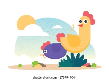 Cartoon flat vector chicken funny set
