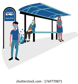 Cartoon flat vector design Of cute man and young girl are standing and fat woman is sitting at bus stop , wearing face mask for social distancing, concept in new normal in corona virus outbreak 