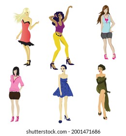 Cartoon flat vector design, Female characters posing with cheerful face expressions
