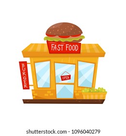 Cartoon flat vector icon of fast food restaurant. Store with big burger on roof, signboard, glass door and windows. Facade of city building
