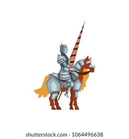 Cartoon flat vector icon of royal knight on horseback with lance in hand. Brave warrior wearing shiny iron armor