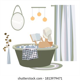 Cartoon Flat Vector Illustration. Bath Time Concept. Young Woman Lying in Bathtub Full of Soap Foam and Reading a Book. Spa Procedure in Salon, Hotel Recreation, Home Leisure and Spare Time