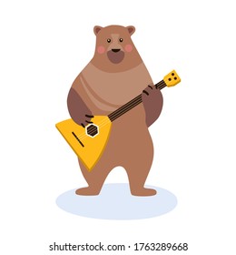 Cartoon flat vector illustration.  Bear and balalaika. Musician.