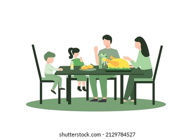 Cartoon Flat Vector Illustration Big Family Thanksgiving Celebration Dinner Around Table with Food. Happy People Eating Meal and Talking Together, Cheerful Characters Group During Festive Lunch.