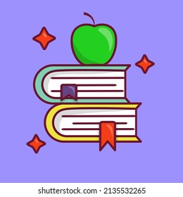 Cartoon flat vector illustration of books with apple. 