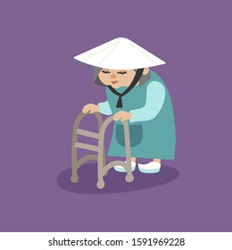 Cartoon flat vector illustration. Chinese grandmother. Woman in a hat.