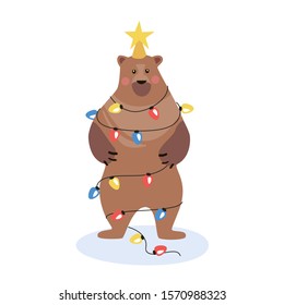 Cartoon flat vector illustration.  Christmas bear illustration. Winter. New year card. Christmas lights. Garland.