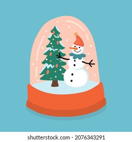 Cartoon flat vector illustration. Christmas snowman. Snow globe. Snowball.