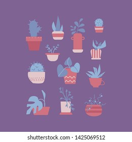 Cartoon flat vector illustration. Collection of different types of houseplants. Set of flowers in pots.