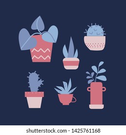 Cartoon flat vector illustration. Collection of different types of houseplants. Set of flowers in pots.