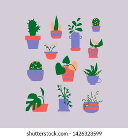 Cartoon flat vector illustration. Collection of different types of houseplants. Set of flowers in pots.