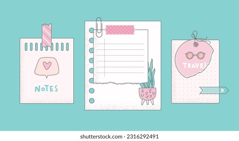 Cartoon flat vector illustration with colorful paper notes, tapes, clips. Can use for scrapbooking, planner. Organization of goal setting.