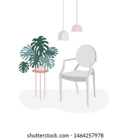 Cartoon flat vector illustration. Design interior. Chair and monstera.