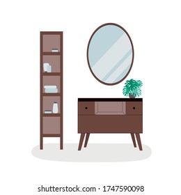 Cartoon flat vector illustration. Design interior. Furniture and monstera. Mirror.