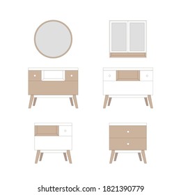 Cartoon flache Vektorgrafik. Design-Interieur. Möbelset. Waschbecken mit Spiegel.