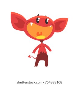 Cartoon flat vector illustration of devil with little horns, big ears, tail and shiny eyes. Red demon with pleasantly surprised face expression