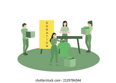 Cartoon Flat Vector Illustration. Donation and Charity Concept. Male and Female Characters Bringing Boxes with Different Things and Clothes for Poor People who Appears in Complicated Life Situation.