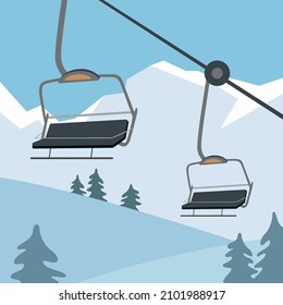 Cartoon flache Vektorgrafik Standseilbahn. Wintersport. Skigebiet, Hintergrund. Schneeweg.