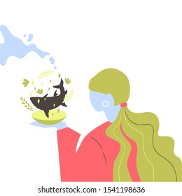 Cartoon flat vector illustration. Girl with a plate. Woman sitting. Cookery, gastronomy.