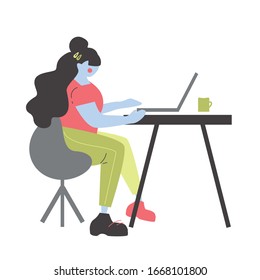 Cartoon flat vector illustration. Girl works on a laptop. Woman sitting. Office, secretary