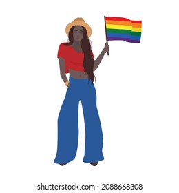 Cartoon flat vector illustration. Girl with lgbt flag.