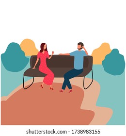 
Cartoon flat vector illustration. Happy man and woman are sitting on a bench and chatting. Love vector. Beautiful family. autumn nature.