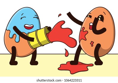 Cartoon Flat Vector Illustration for the holiday Easter. A smiling Egg pours a surprised friend with red paint from a barrel