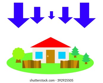 Cartoon flat vector illustration of a house and down arrows