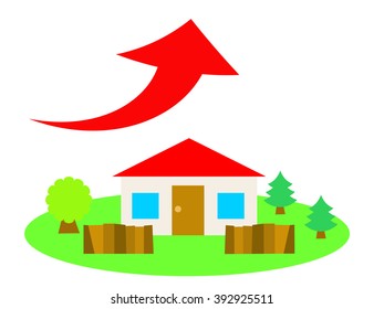 Cartoon flat vector illustration of a house and up arrow