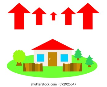 Cartoon flat vector illustration of a house and up arrows